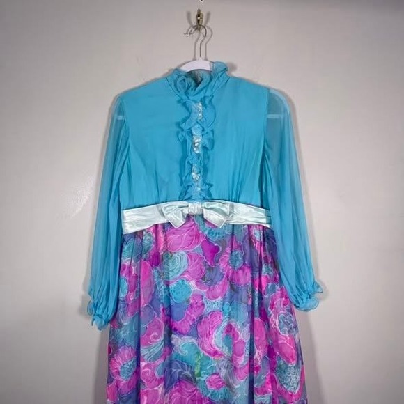 VTG 1960s Floral Chiffon Maxi Dress Womens Medium Blue Pink Buttons Ruffles - Picture 2 of 11